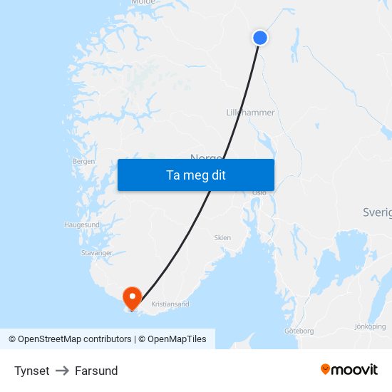 Tynset to Farsund map