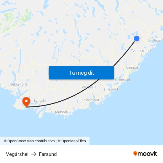 Vegårshei to Farsund map