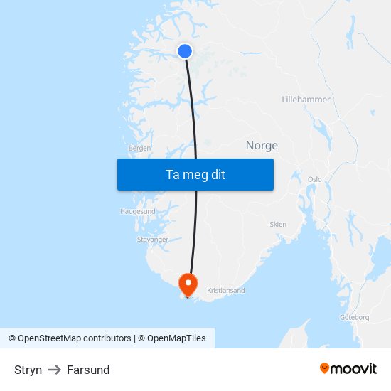 Stryn to Farsund map