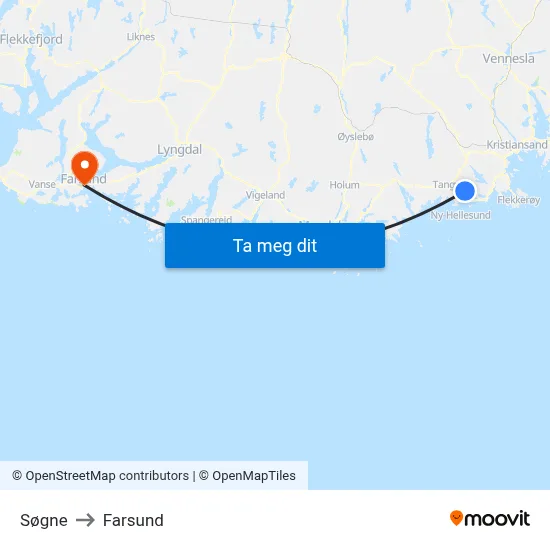 Søgne to Farsund map
