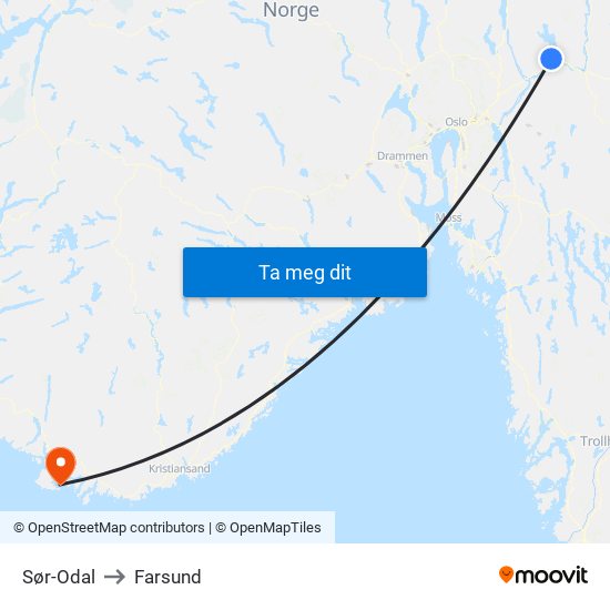 Sør-Odal to Farsund map