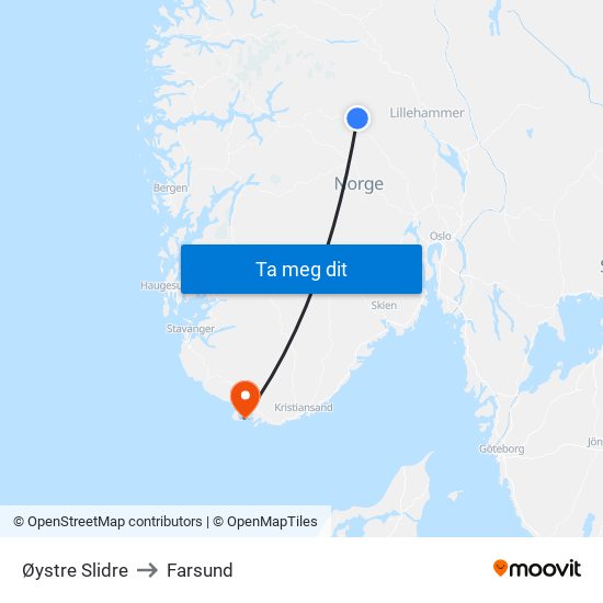 Øystre Slidre to Farsund map
