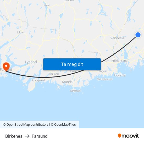 Birkenes to Farsund map