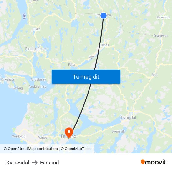 Kvinesdal to Farsund map