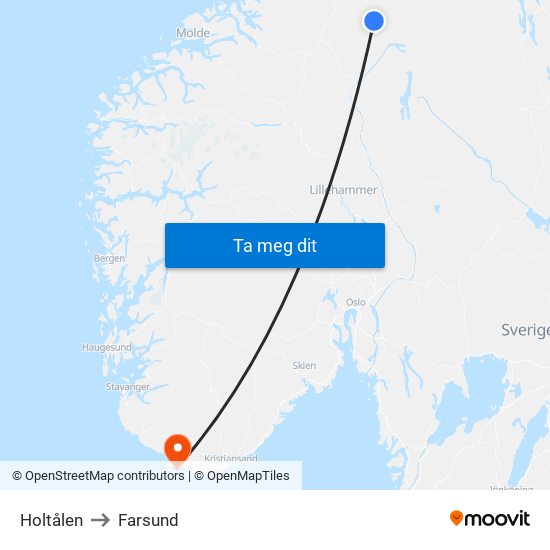 Holtålen to Farsund map