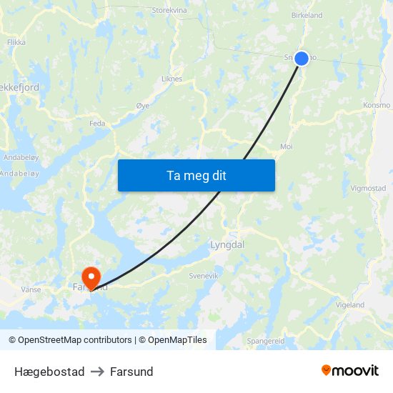 Hægebostad to Farsund map