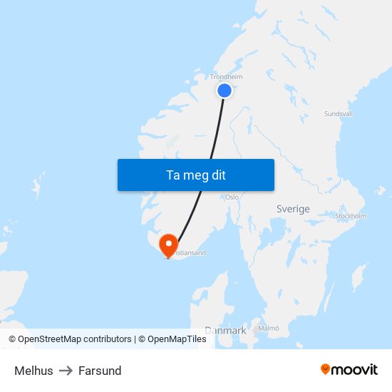 Melhus to Farsund map