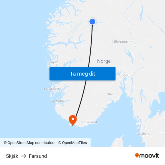 Skjåk to Farsund map
