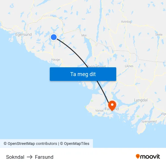 Sokndal to Farsund map