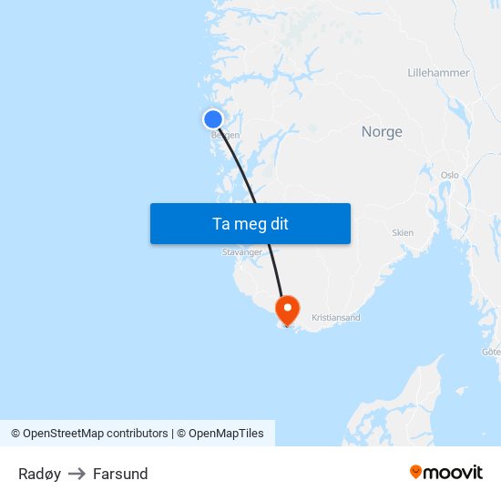 Radøy to Farsund map