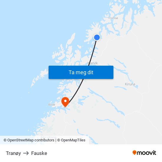 Tranøy to Fauske map