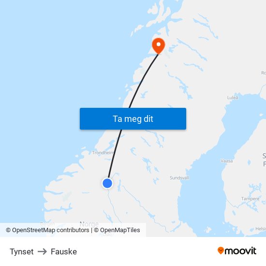 Tynset to Fauske map