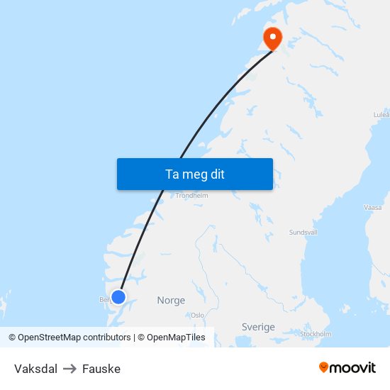 Vaksdal to Fauske map