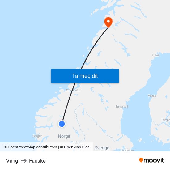 Vang to Fauske map