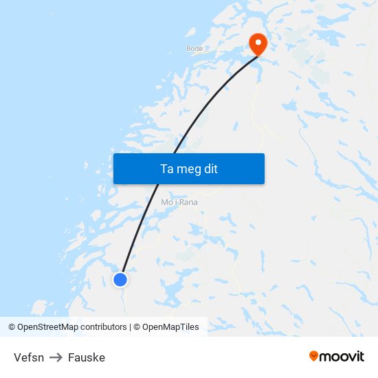 Vefsn to Fauske map