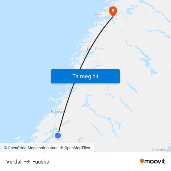 Verdal to Fauske map