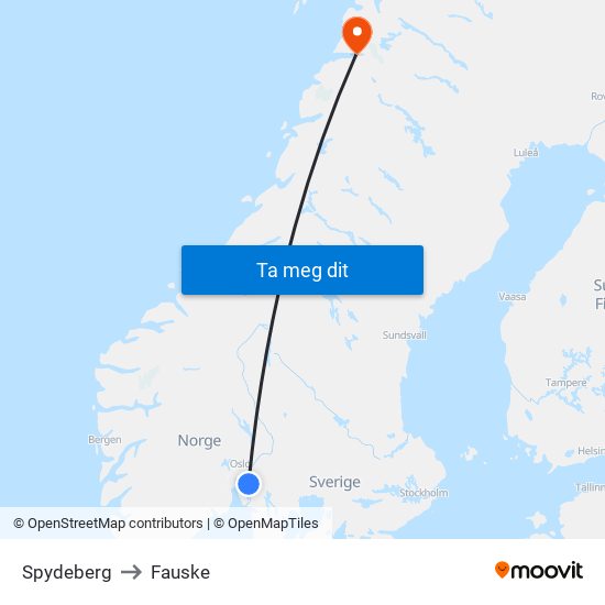 Spydeberg to Fauske map