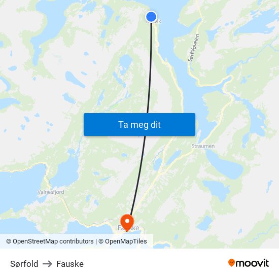 Sørfold to Fauske map