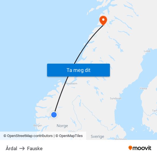 Årdal to Fauske map