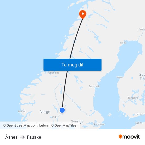 Åsnes to Fauske map
