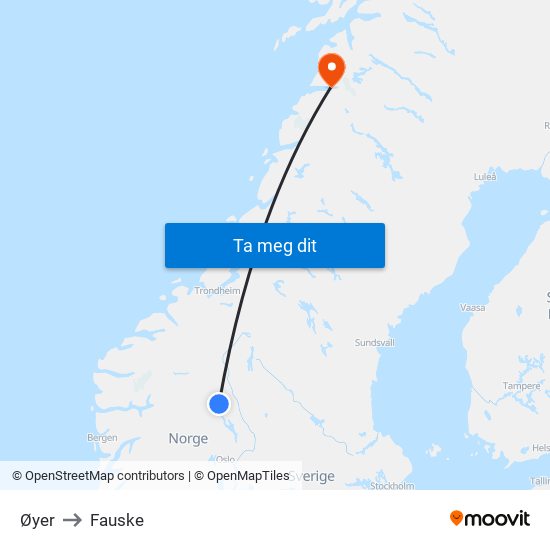 Øyer to Fauske map