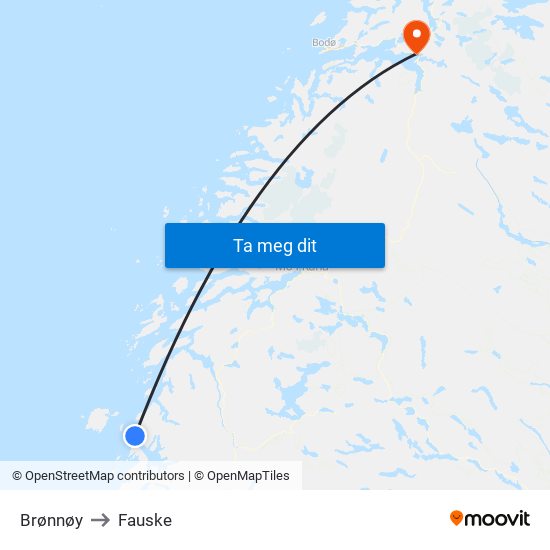 Brønnøy to Fauske map