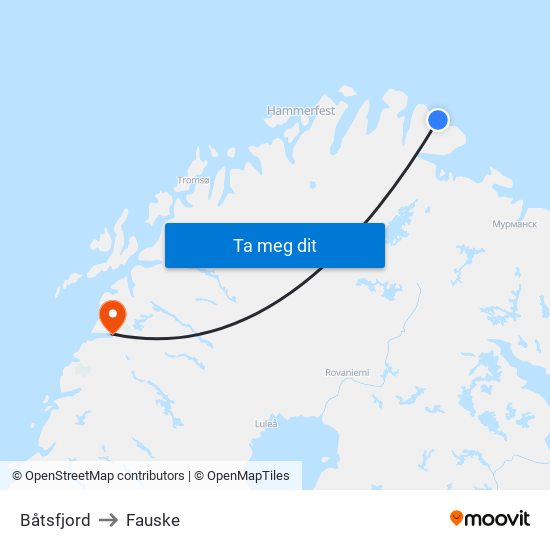 Båtsfjord to Fauske map