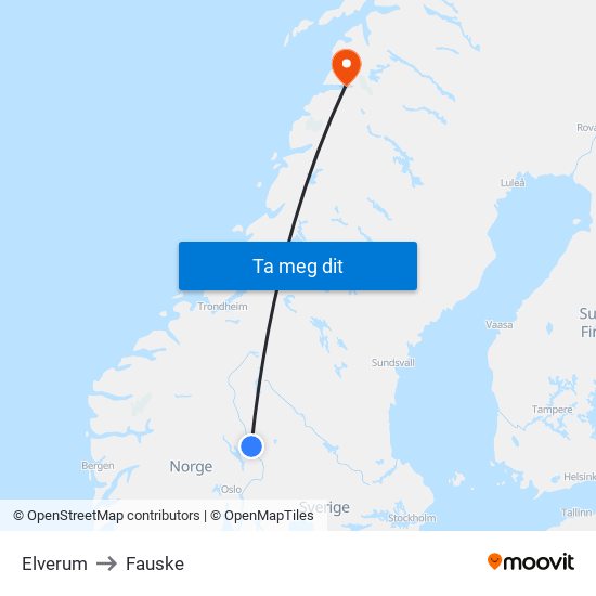 Elverum to Fauske map