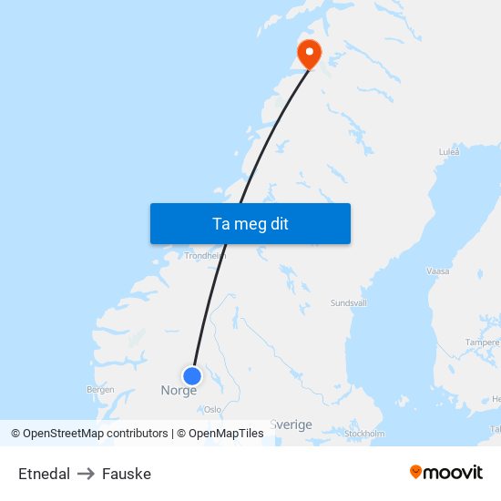 Etnedal to Fauske map