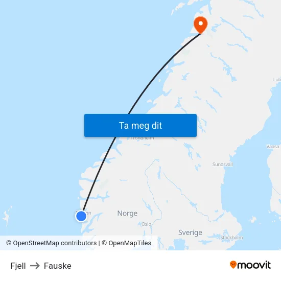 Fjell to Fauske map