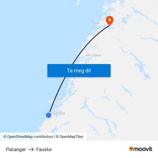 Flatanger to Fauske map