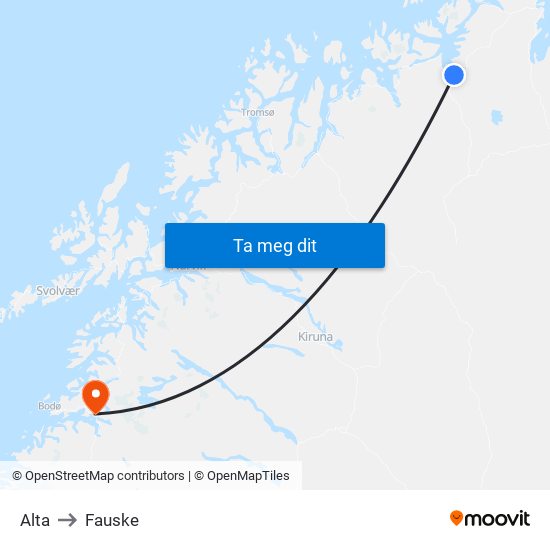 Alta to Fauske map