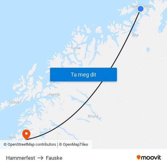 Hammerfest to Fauske map