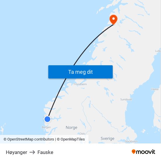 Høyanger to Fauske map