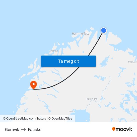 Gamvik to Fauske map