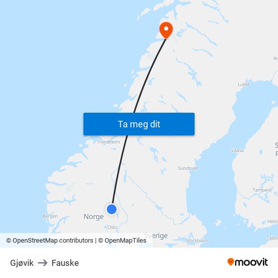 Gjøvik to Fauske map