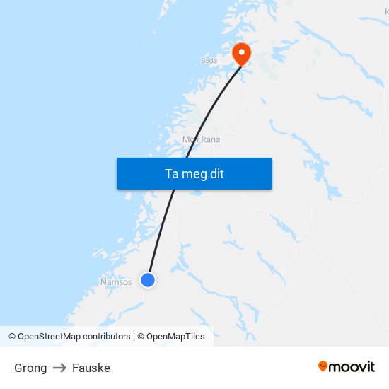 Grong to Fauske map