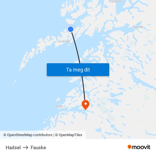 Hadsel to Fauske map