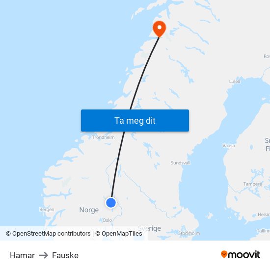 Hamar to Fauske map