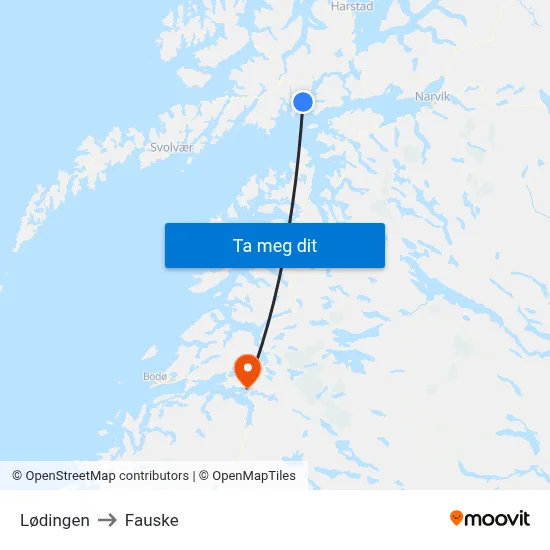 Lødingen to Fauske map