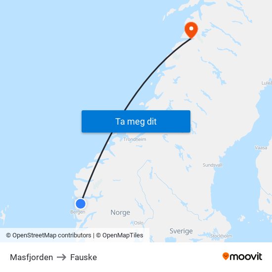 Masfjorden to Fauske map