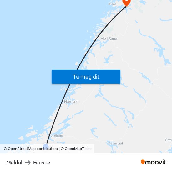 Meldal to Fauske map