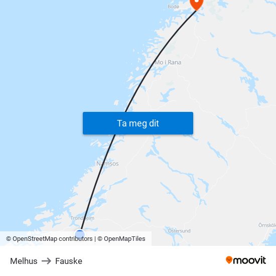 Melhus to Fauske map