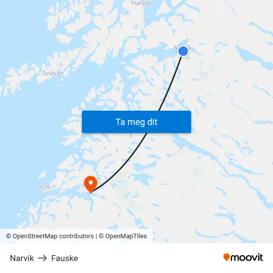 Narvik to Fauske map