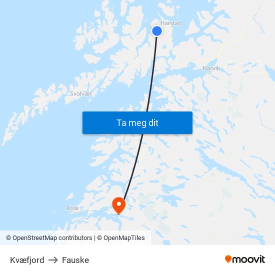 Kvæfjord to Fauske map