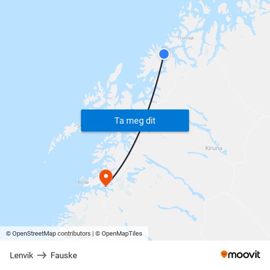 Lenvik to Fauske map