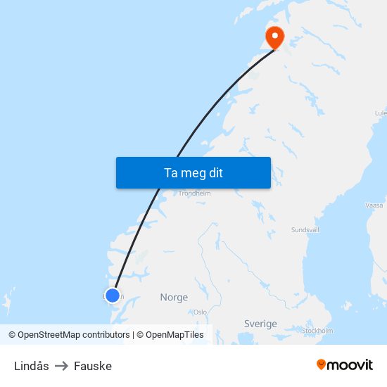 Lindås to Fauske map