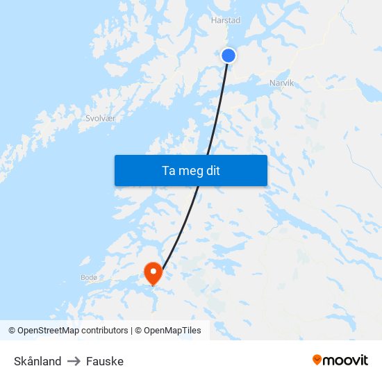 Skånland to Fauske map