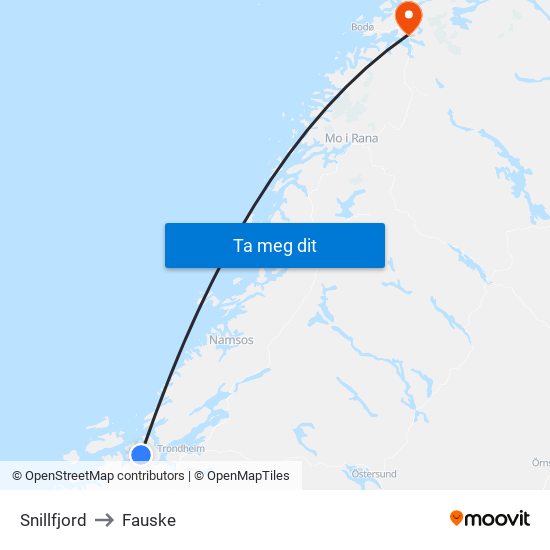 Snillfjord to Fauske map