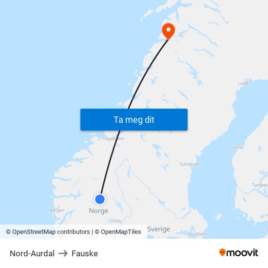 Nord-Aurdal to Fauske map